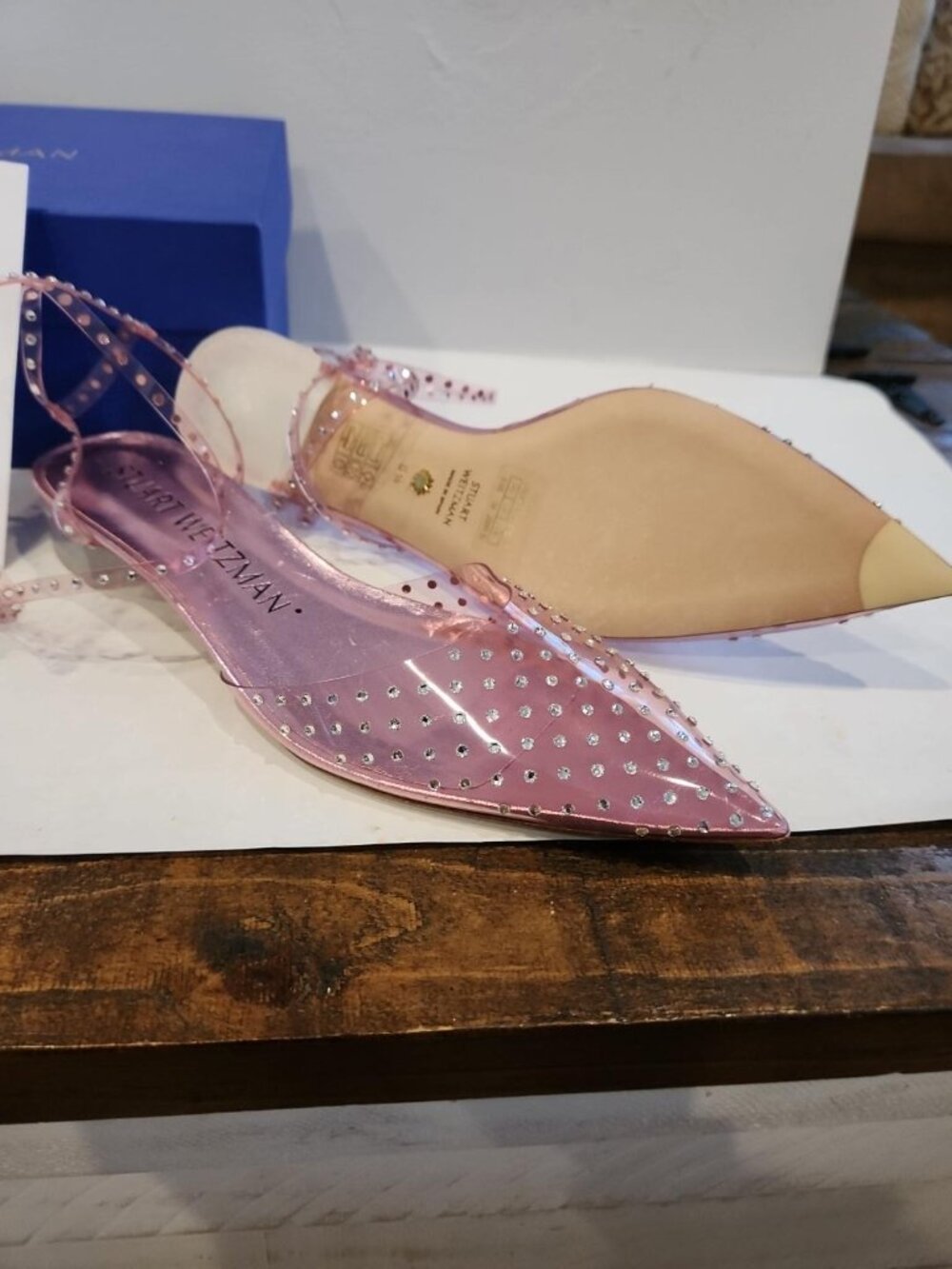 Stuart Weitzman Pink Crystal-Embellished Clear slingback flats – New/Never Worn